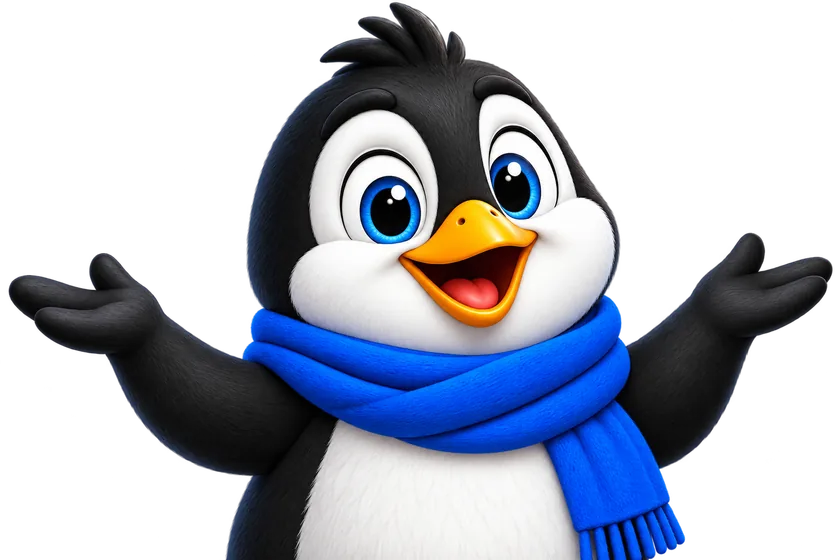 Pingüino, la mascota de el pingüino, con los brazos abiertos